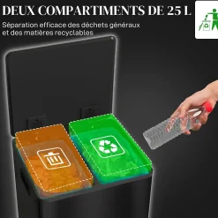 Poubelle de cuisine à pédale 2 compartiments 2 x 25L - seaux amovibles - acier inox. noir mat