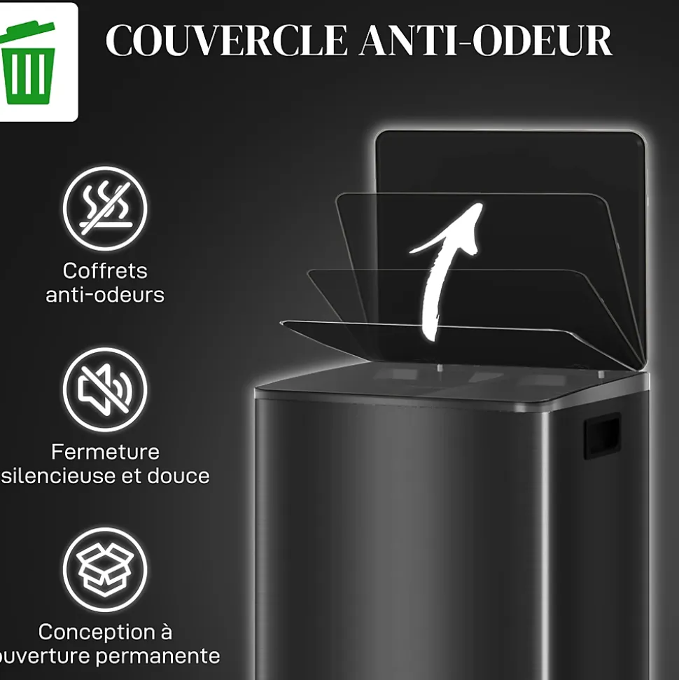 Poubelle de cuisine à pédale 2 compartiments 2 x 30L - seaux amovibles - acier inox. brossé noir