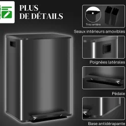 Poubelle de cuisine à pédale 2 compartiments 2 x 30L - seaux amovibles - acier inox. brossé noir