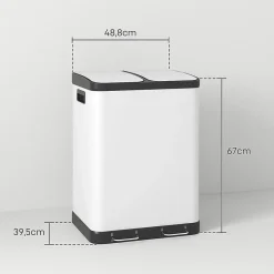Poubelle de cuisine 2 x 30L - poubelle à pédale 2 compartiments seaux amovibles - acier inox. blanc