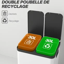 Poubelle de cuisine 2 x 30L - poubelle à pédale 2 compartiments seaux amovibles - acier inox. blanc