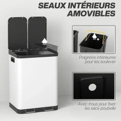 Poubelle de cuisine 2 x 30L - poubelle à pédale 2 compartiments seaux amovibles - acier inox. blanc