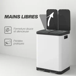 Poubelle de cuisine 2 x 30L - poubelle à pédale 2 compartiments seaux amovibles - acier inox. blanc