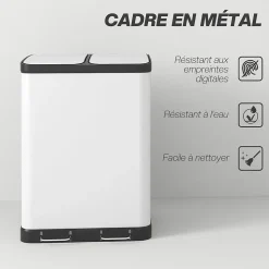 Poubelle de cuisine 2 x 30L - poubelle à pédale 2 compartiments seaux amovibles - acier inox. blanc