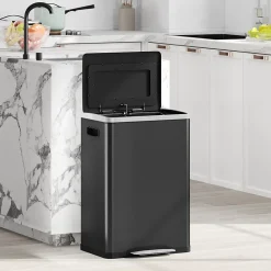 Poubelle de cuisine 2 x 20L - poubelle à pédale 2 compartiments seaux amovibles - acier inox. noir brossé