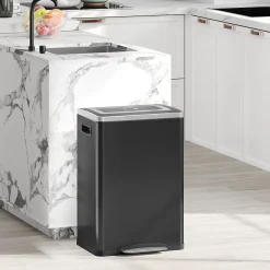 Poubelle de cuisine 2 x 20L - poubelle à pédale 2 compartiments seaux amovibles - acier inox. noir brossé