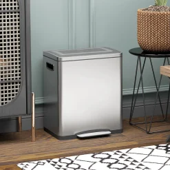 Poubelle de cuisine 2 x 15L - poubelle à pédale 2 compartiments seaux amovibles - acier inox. brossé