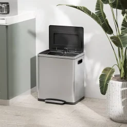 Poubelle de cuisine 2 x 15L - poubelle à pédale 2 compartiments seaux amovibles - acier inox. brossé