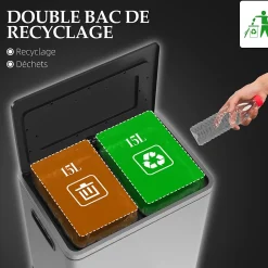 Poubelle de cuisine 2 x 15L - poubelle à pédale 2 compartiments seaux amovibles - acier inox. brossé