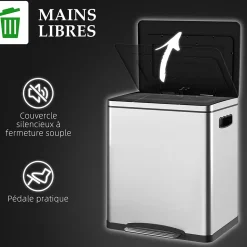Poubelle de cuisine 2 x 15L - poubelle à pédale 2 compartiments seaux amovibles - acier inox. brossé