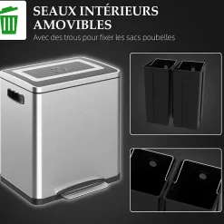 Poubelle de cuisine 2 x 15L - poubelle à pédale 2 compartiments seaux amovibles - acier inox. brossé