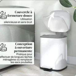 Poubelle de cuisine 12L - poubelle à pédale compartiment seau amovible - acier inox. blanc