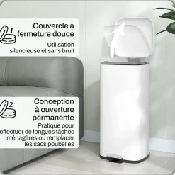 Poubelle de cuisine 30L - poubelle à pédale compartiment seau amovible - acier inox. blanc