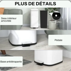 Poubelle de cuisine 30L - poubelle à pédale compartiment seau amovible - acier inox. blanc