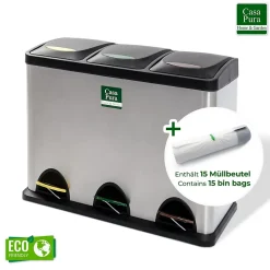 Poubelle de recyclage Brandon, 3 x 8 Litres, Rouleau de sacs poubelle inclus 24 litres