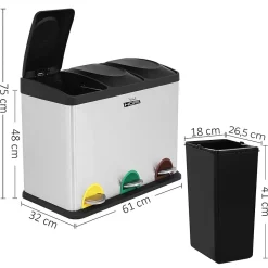 Poubelle de recyclage de 45 L à 3 compartiments - Grande capacité