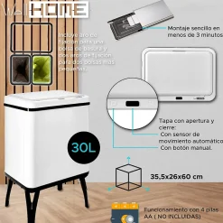 Poubelle de recyclage intelligente WELLHOME à ouverture automatique et contact manuel 15 L + 15 L 35,5 x 26 x 60 cm Blanc