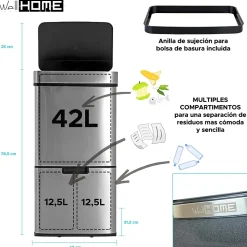 Poubelle de recyclage WELLHOME 67 L, 2 compartiments (42 L + 25 L), ouverture par capteur, acier inoxydable, chrome