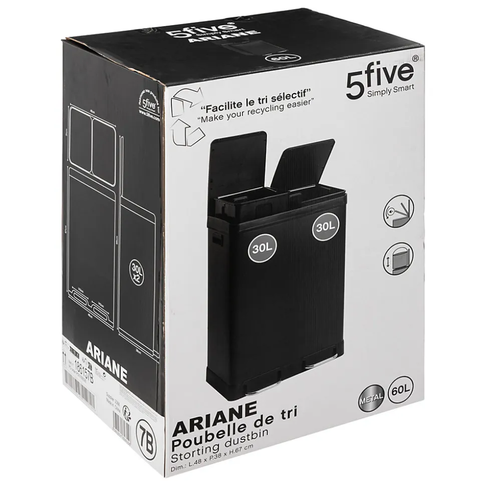 Poubelle de tri 2 compartiments noir mat 60L Five Simple Smart Ariana