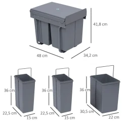 Poubelle de tri coulissante - 3 bacs amovibles avec poignée - 2 x 10L et 1 x 20L - métal PP gris