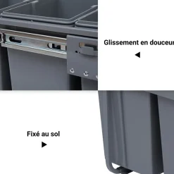 Poubelle de tri coulissante - 3 bacs amovibles avec poignée - 2 x 10L et 1 x 20L - métal PP gris