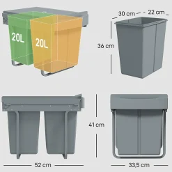 Poubelle de tri coulissante - 2 bacs amovibles avec poignée - 2 x 20L - métal PP gris