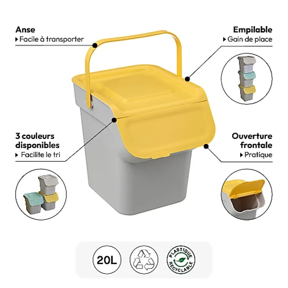 Poubelle de tri en plastique 20L - Jaune- 5five