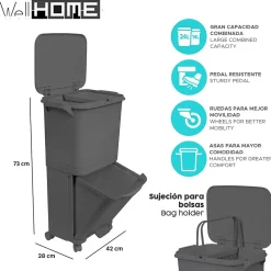 Poubelle de tri sélectif à pédale, roulettes et poignée, double compartiment, noir anthracite, 38L (24L + 14L)