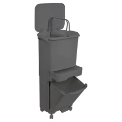 Poubelle de tri sélectif à pédale, roulettes et poignée triple compartiment. Noir anthracite, 42 L (24 L + 4 L + 14 L).