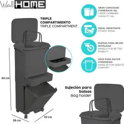 Poubelle de tri sélectif à pédale, roulettes et poignée triple compartiment. Noir anthracite, 42 L (24 L + 4 L + 14 L).