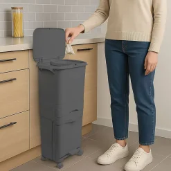 Poubelle de tri sélectif à pédale, roulettes et poignée triple compartiment. Noir anthracite, 42 L (24 L + 4 L + 14 L).