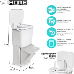 Poubelle de tri sélectif à pédale, roulettes et poignée avec double compartiments de 38L (24L + 14L).