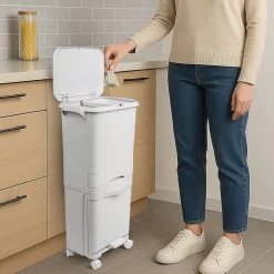 Poubelle de tri sélectif triple compartiment 42L (24L + 4L + 14L) avec pédale, roulettes et poignée.