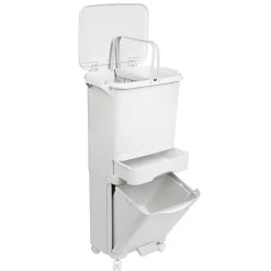 Poubelle de tri sélectif triple compartiment 42L (24L + 4L + 14L) avec pédale, roulettes et poignée.