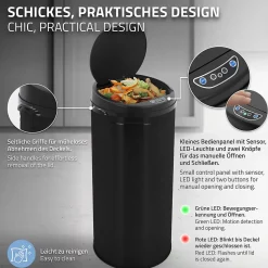 Poubelle 30L avec détecteur de mouvement en acier inoxydable ronde noir brillant