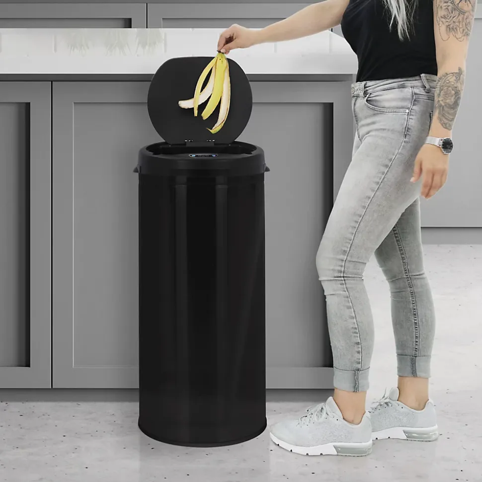 Poubelle 30L avec détecteur de mouvement en acier inoxydable ronde noir brillant