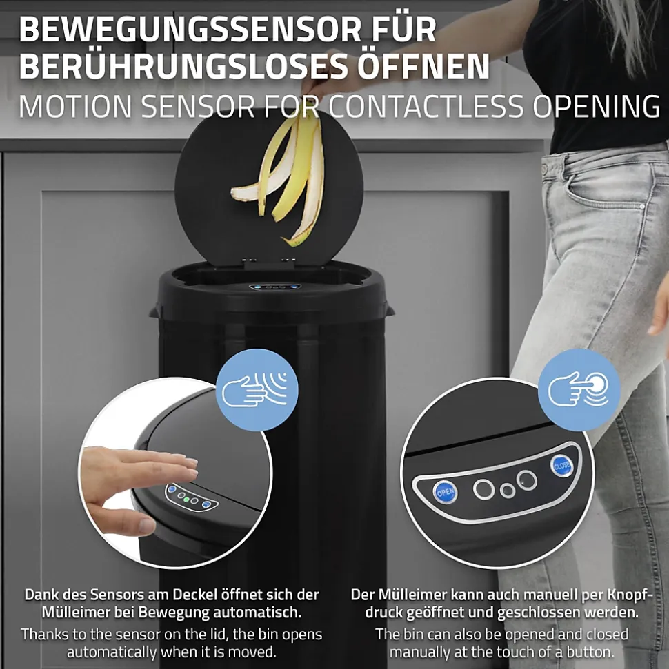 Poubelle 30L avec détecteur de mouvement en acier inoxydable ronde noir brillant