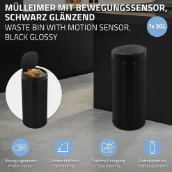 Poubelle 30L avec détecteur de mouvement en acier inoxydable ronde noir brillant