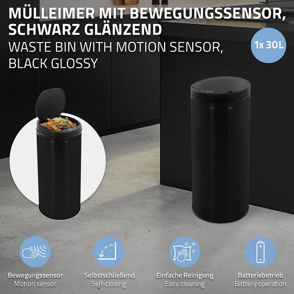 Poubelle 30L avec détecteur de mouvement en acier inoxydable ronde noir brillant