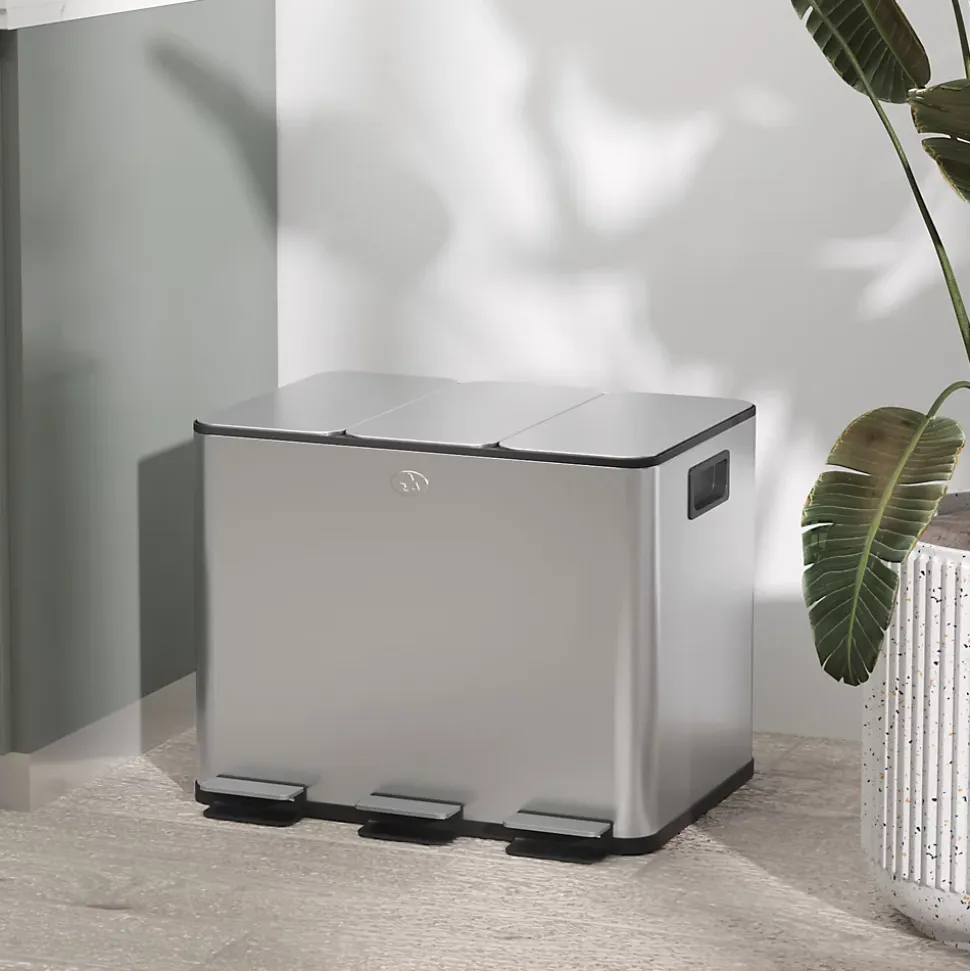 Poubelle manuelle tri selectif 3 bacs capacité totale 60L acier inox. brossé argent