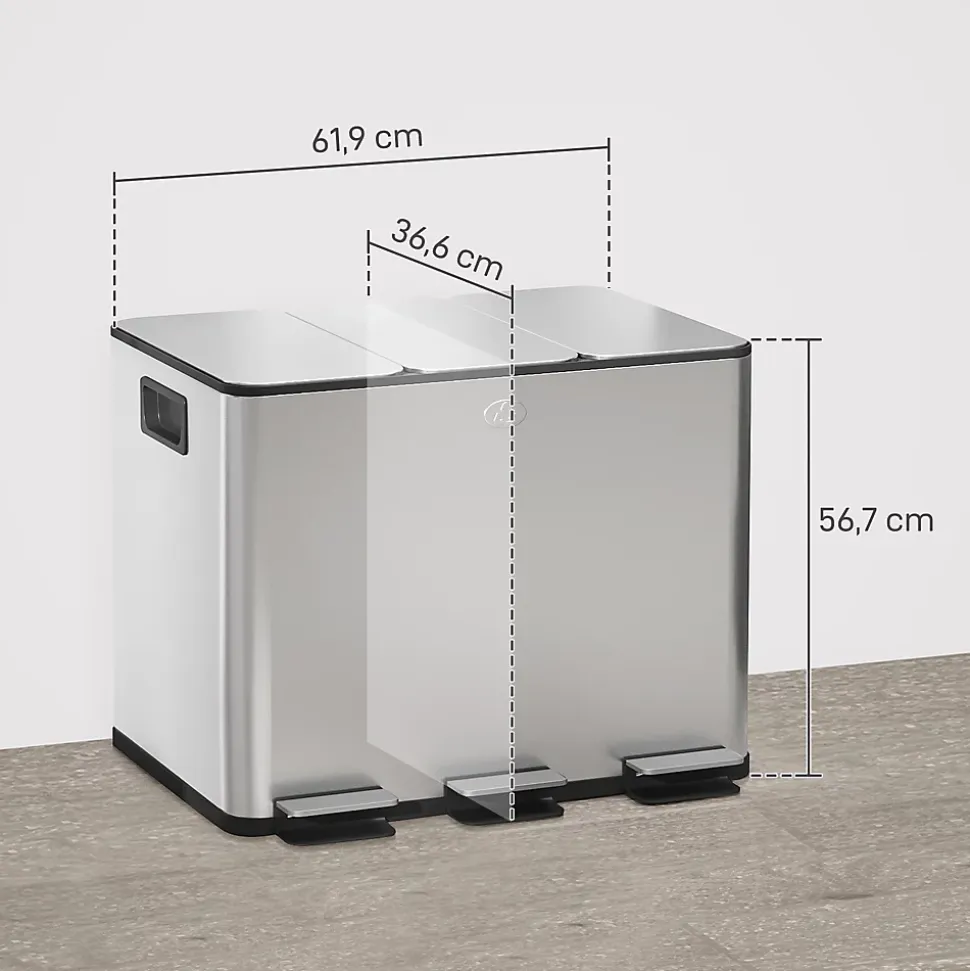 Poubelle manuelle tri selectif 3 bacs capacité totale 60L acier inox. brossé argent