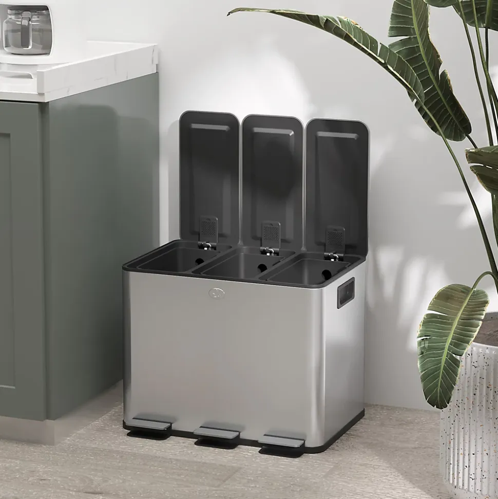 Poubelle manuelle tri selectif 3 bacs capacité totale 60L acier inox. brossé argent