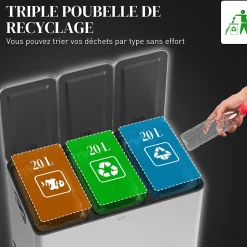 Poubelle manuelle tri selectif 3 bacs capacité totale 60L acier inox. brossé argent