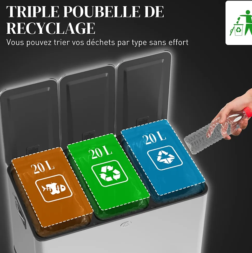 Poubelle manuelle tri selectif 3 bacs capacité totale 60L acier inox. brossé argent