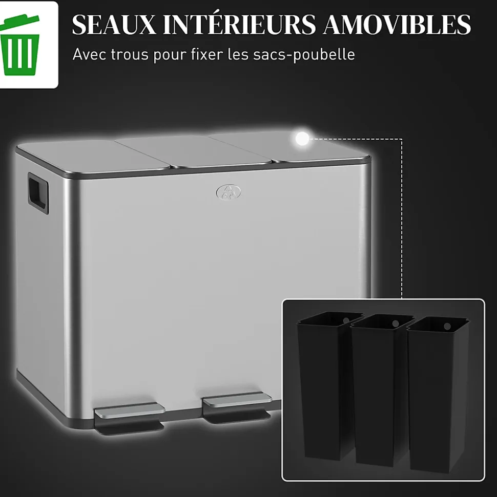 Poubelle manuelle tri selectif 3 bacs capacité totale 60L acier inox. brossé argent