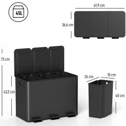 Poubelle manuelle tri selectif 3 bacs capacité totale 45L acier inox. brossé