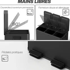 Poubelle manuelle tri selectif 3 bacs capacité totale 45L acier inox. brossé