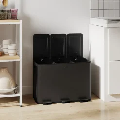 Poubelle manuelle tri selectif 3 bacs capacité totale 45L acier inox. brossé