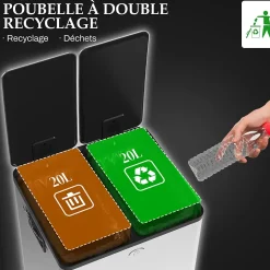 Poubelle manuelle tri selectif 2 bacs capacité totale 20L acier inox. brossé