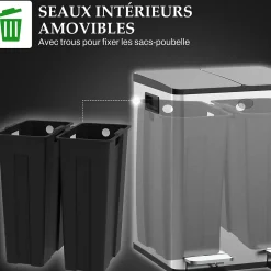 Poubelle manuelle tri selectif 2 bacs capacité totale 20L acier inox. brossé